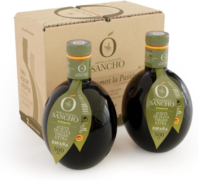 Aceite de Oliva Virgen Extra Sancho | Caja de 4 Botellas de Cristal (500 ml x 4 ud) Variedad Arbequina | Calidad nutricional excepcional