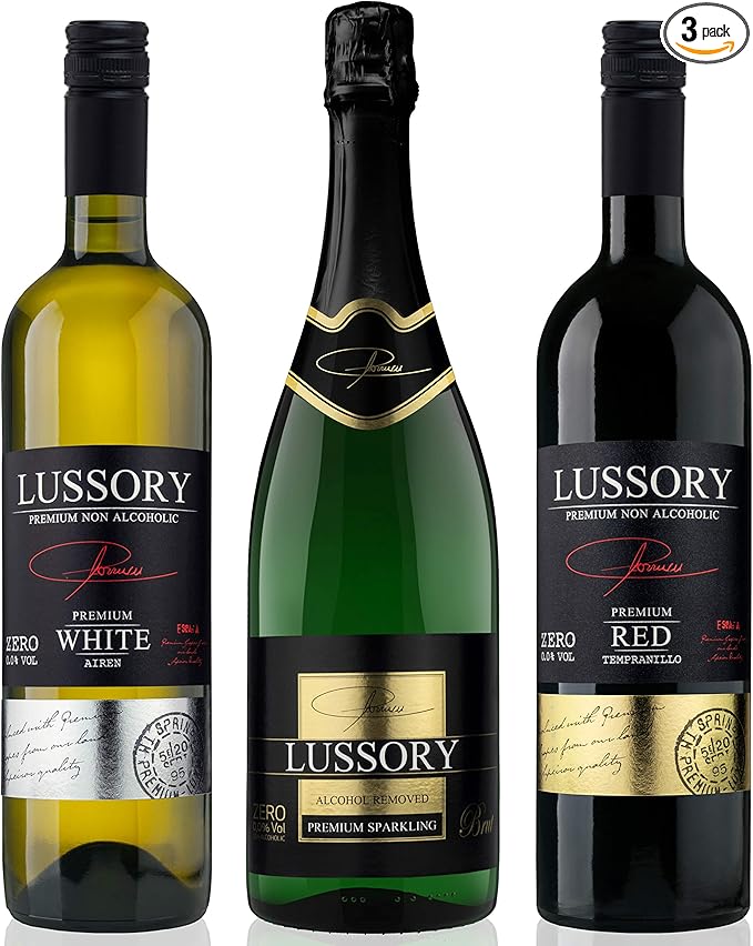 Vino sin alcohol 0,0 - LUSSORY PREMIUM - Pack degustación de vinos desalcoholizados (3x0,75 cl) Blanco + Tinto + Espumoso