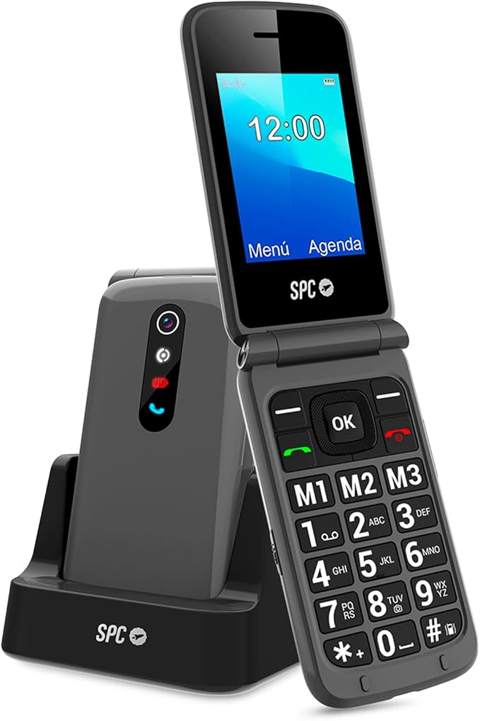 SPC Stella 2 - Teléfono móvil de Tapa para Mayores, Botones y Teclas Grandes, fácil de Usar, configuración remota, botón SOS, USB-C, 3 memorias directas, Base de Carga, Color Negro