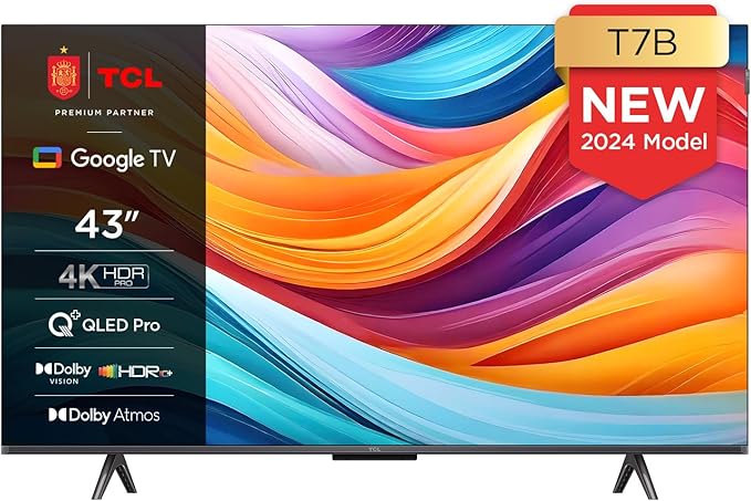 TCL 43T7B Televisor QLED Pro de 43", 4K Ultra HD, HDR Pro, Smart TV Powered by Google TV (Dolby Vision & Atmos, Motion Clarity, Control por Voz Manos Libres, Compatible con Google Assistant)