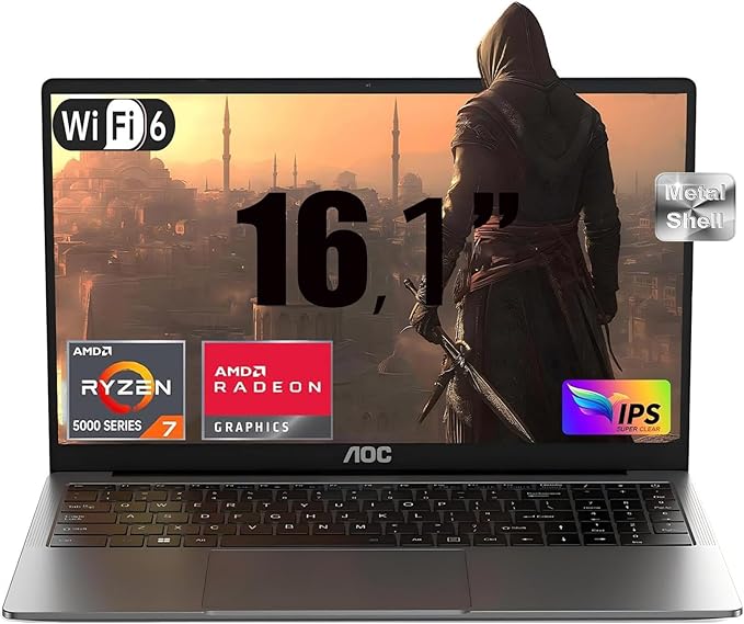 AOC Portatil Gaming con AMD Ryzen 7 5700U(hasta 4,3 GHz) y Radeon Vega 8, RAM 16GB 512GB SATA SSD (Soporte 4 TB) Ordenador Portatil,16,1 Pulgada, WiFi 6, Tastiera Retroilluminata, Type-C,BT 5.2, HDMI