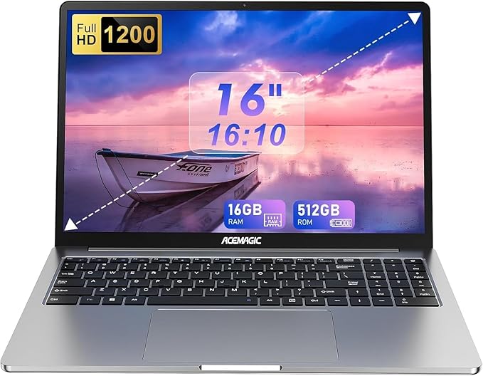 Ordenador Portátil ACEMAGIC,16 GB DDR4 RAM 512 GB SSD(expansión 2TB),12th lntel Alder Lake N95【Batir N100/N5095】,16" Full HD Laptop,2.4G/5G,WiFi,BT5.0,Type_C,USB3.2,HDMI,Webcam(Gris)