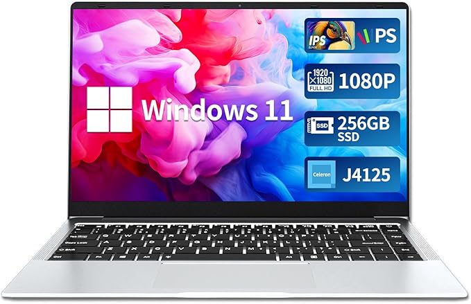 DARYUKUM Ordenador Portátil, 14.1'' Windows 11 Portátil Celeron J4125, PC Portatil 8GB RAM LPDDR4 256GB SSD, Laptop con IPS FHD 1980 * 1080 Pantalla 180°Flip, TF Card Slot/Mini-HDMI/BT5.0/USB3.0