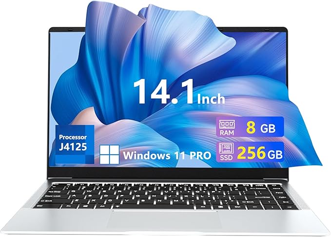 Ordenador Portátil 14.1'', Celeron J4125 CPU, PC Portátil 8GB RAM LPDDR4 256GB SSD, Portatil Windows 11 con Convertible 180°IPS FHD Pantalla, Laptop con USB3.0, BT5.0, Mini-HDMI, TF Card Slot