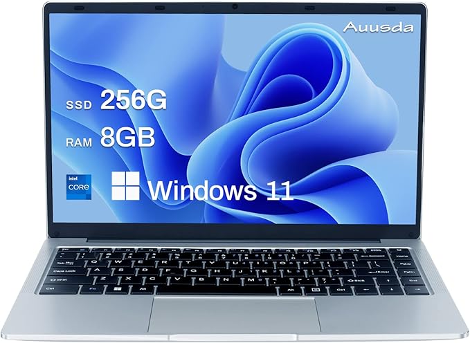 Auusda Ordenador portátil Windows 11Pro de 14,1 Pulgadas, 8 GB de RAM de 256 GB, SSD ROM, Ultrafino Ultrabook, HDMI, USB 3.0, Doble Banda WiFi, Almacenamiento expandible