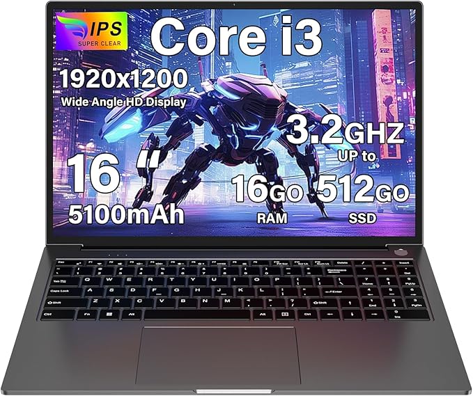 Ordenador Portátil 16 Pulgadas Win11 16+512GB SSD Soporte 1TB SSD Expansión Portátil gaming Core i3 (hasta 3,2 GHz) 2.4G+5G WiFi Bluetooth 4.2 Type-C USB HDMI Pantalla ultra HD 1920x1200 FHD 2K- Gray