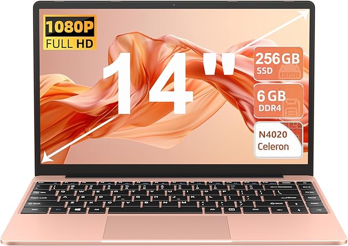 Ordenador Portatil Celeron N4020 Up to 2.8Ghz, Ordenadores Portatiles 14 Pulgadas Win 11 con 5G WiFi 6+256GB SSD Expansión 1TB, BT 4.2 1920*1080 FHD Mini Puerto Multimedia Portatiles Buenos-Oro