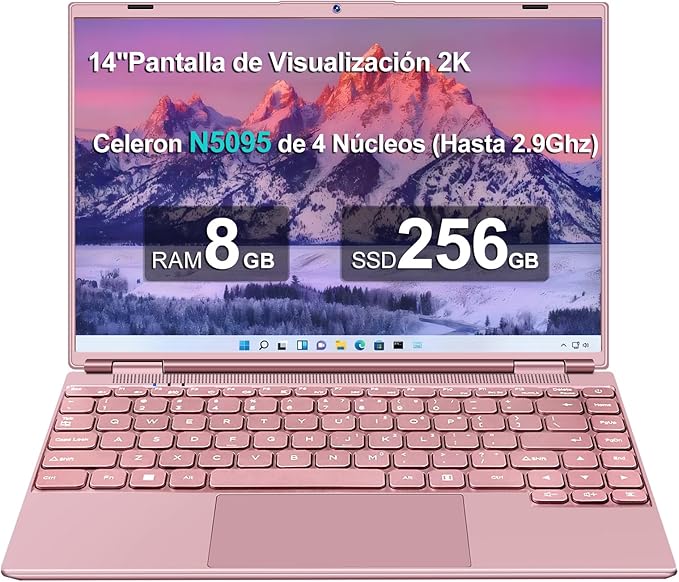 Ordenador Portátil 14 Pulgadas 8GB DDR4 256GB SSD 1TB Expand Celeron N5095 (Hasta 2.9Ghz), Portátil Win 11 con Mini Puerto Multimedia Ventilador 1920*1200 FHD Pantalla, Portatiles Dual WiFi-Rosa