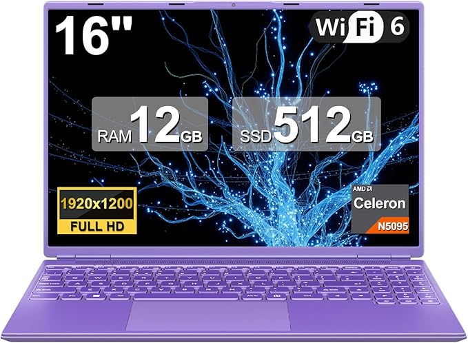 Ordenador Portátil 16 Pulgadas Celeron N5095 Up to 2.9Ghz, Portátil Win 11 con 5G WiFi 12+512GB SSD Expansión 1TB, BT 4.2 Mini Puerto Multimedia Portatiles Ventilador Refrigeración 1920*1200-Morado