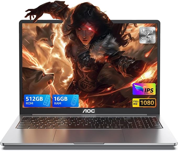 AOC Ordenador Portatil Gaming con N97 (hasta 3,6 GHz), Portátil Computadora 16GB DDR4 512GB SSD Expansión 2TB Laptop, 5G WiFi/BT5.1, USB3.2, HDMI, 15,6" FHD Gaming Notebook