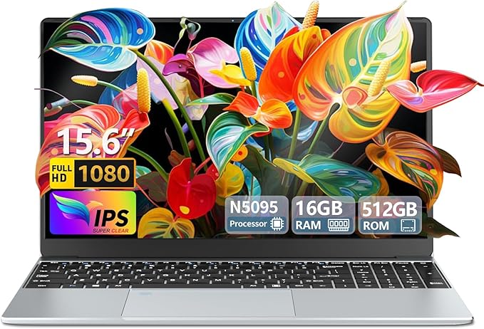 Ordenador Portátil 15,6 pulgadas, 16 GB de RAM 512 GB de SSD CPU Celeron N5095 PC Portatil, 1920 x 1080 FHD Touch ID WiFi doble banda Windows 11 Pro Laptop, teclado retroiluminado de tamaño completo