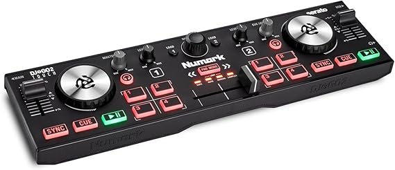 Numark DJ2GO2 Touch - Mini controlador DJ para llevar - Consola DJ USB de 2 pisos con interfaz de audio y jog wheels capacitivos, 4 modos de pad; software incluido