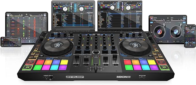 Reloop Mixon 8 Pro | 4-Kanal -Multi-Platform-Performance-Controller für Serato & djay, Jogwheel -Displays & 4 Instant-FX-Kippschalter, Dual-Audio-Interface mit USB-C & Stand-Alone-Mixing