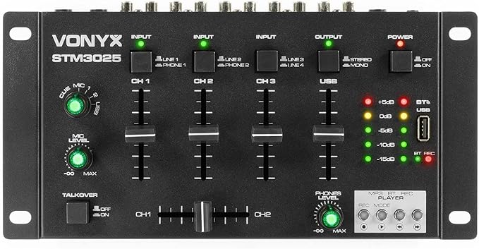 Vonyx STM3025 Mezclador de 4 canales - USB MP3, tecnología inalámbrica Bluetooth, 4 entradas de línea RCA, 2 entradas de phono RCA, 2 entradas de micrófono de 6,35 mm, salida auriculares y master RCA