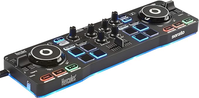 Hercules DJControl Starlight - Controladora DJ USB portatil de 2 pistas y 8 Pads, software Serato DJ Lite, para PC y MAC