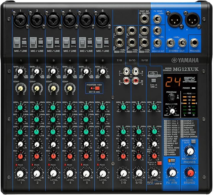 Yamaha MG12XUK Mezclador compacto (versión con potenciómetros) – Mezclador compacto de 12 canales, efectos SPX, funciones de audio USB y preamplificadores de micro D-PRE