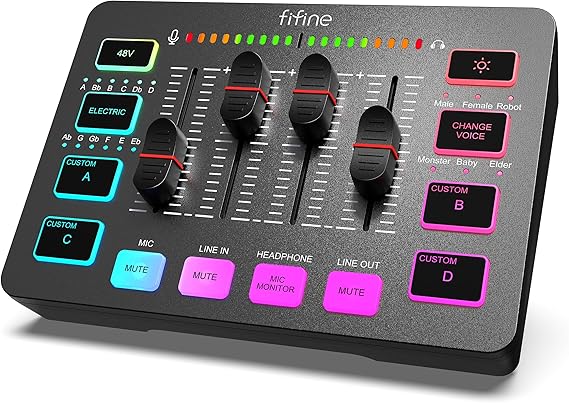 FIFINE Mezclador de Audio, RGB Streaming Gaming Audio Mixer PC con Interfaz de XLR, Gaming Audio Mixer con Control Individual, Control de Volumen, Botón de Silencio, Alimentación Phantom de 48V