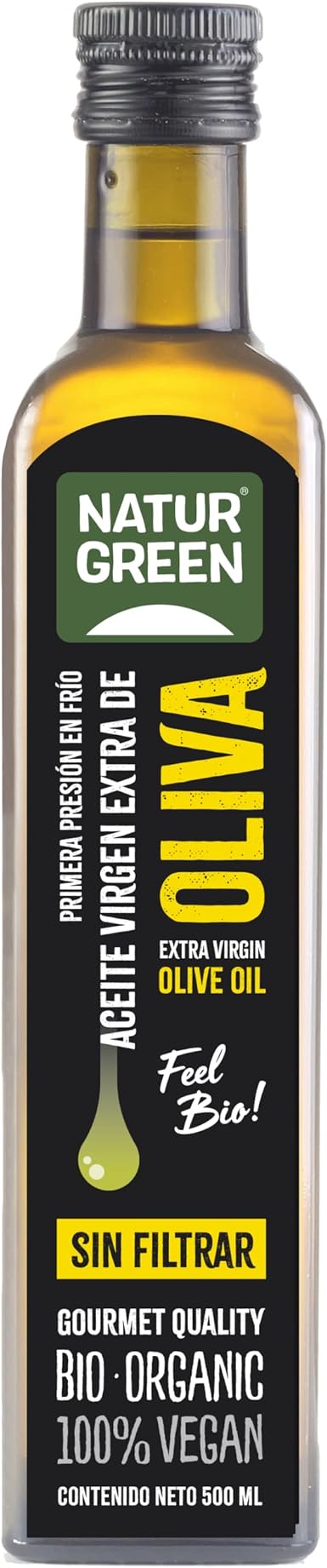 NaturGreen - Aceite de Oliva Virgen Extra Bio, AOVE Ecológico, Sin Filtrar, Primera Presión, 100% Vegano - 500 ml