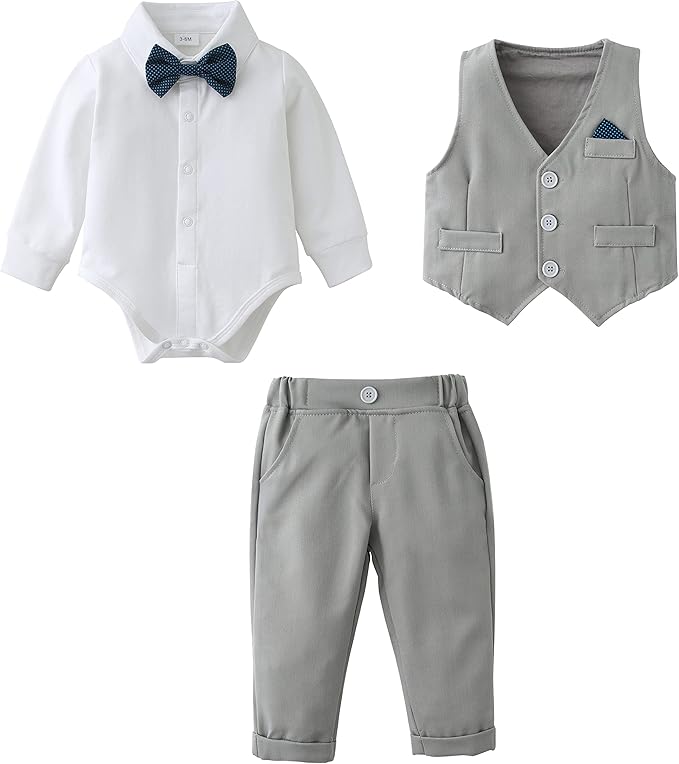 Baby Boys Conjunto de Ropa Traje Formal 0-24 meses Bebé Niño Caballero Mangas Largas Camisas + Pantalones + Corbata de Moño Niño Caballeros Bautismo Boda Conjuntos de Ropa