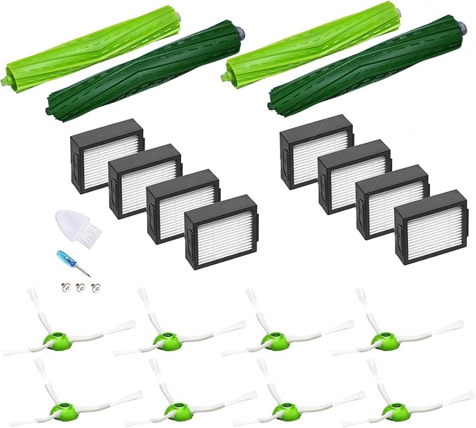 JoyBros Accesorios Piezas de Recambios para iRobot Roomba e5 e6 i1 i3 i3152 i4 i7 + i7556 i8, 4X Cepillos Principales (Rodillos) 8X Filtros 8X Cepillos Laterales Kit de Repuestos