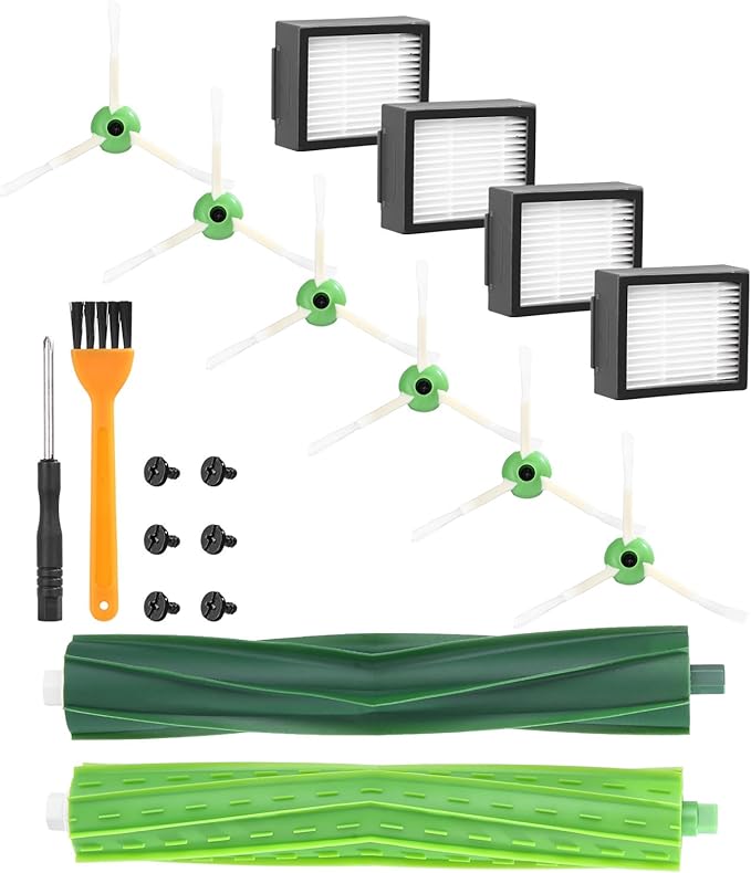 Kit de Recambios para iRobot Roomba Series e/I,E5 E6 i7 i7+ i3 i3+ i4 i4+ i6 i6+ j7 j7+ i8 i8+, Piezas de Repuestos,1 par de cepillos para suelo,4 filtro, 6 cepillos laterale,reemplazo de accesorios