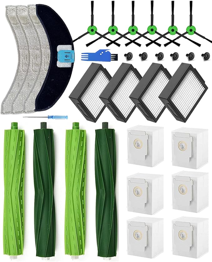 26 Piezas de Recambios para iRobot Roomba Combo j7+/j9+ Aspirador,Kit Accesorios de Repuesto Combo j7 Plus/j9 PLus: 4 Cepillo Principal,6 Cepillos Laterales,4 HEPA Filtros,6 Bolsas,4 Paños,1 Cepillo