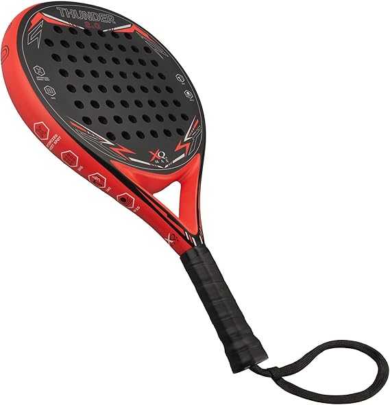 XQMax - Raqueta Thunder Padel 2.0 Negro/Rojo, para principiantes + muñequera, forma redonda + punto dulce, carbono, fibra de vidrio y espuma