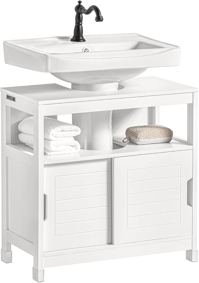 SoBuy Mueble para Debajo del Lavabo Armario de Baño de Suelo 1 Estante y 2 Puertas Correderas Blanco 60 x 30 x 60 cm FRG128-II-W ES