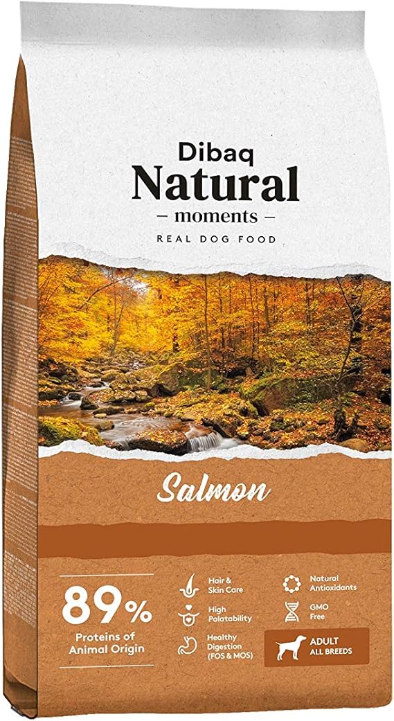 Dibaq Natural Moments Salmon: pienso de salmón para Perros Adultos Especial para Cuidado de la Piel y el Pelo. Ingredientes 100% Naturales. 15 Kg.