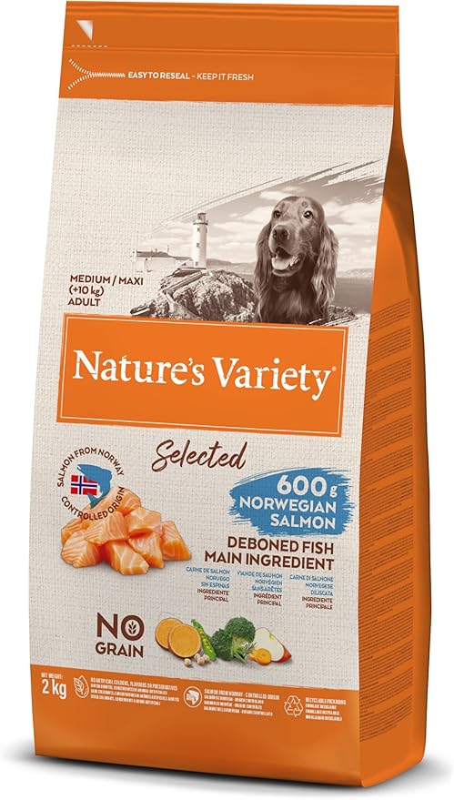 Nature's Variety Selected, Pienso para Perros Adultos Medianos y grandes, Sin cereales, con Salmón noruego sin espinas, 2kg