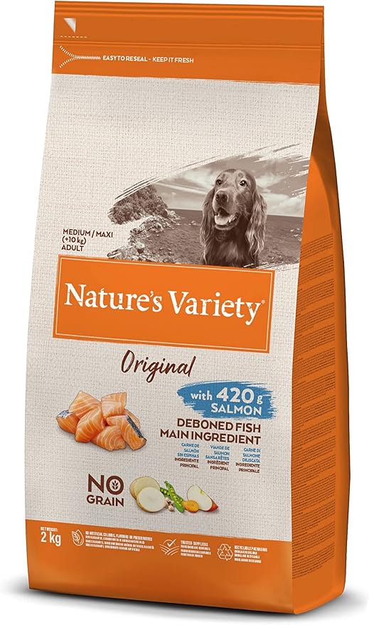 Nature's Variety Original No Grain, Pienso para Perros Adultos Medianos y grandes, Sin cereales, con Salmón sin espinas, 2kg