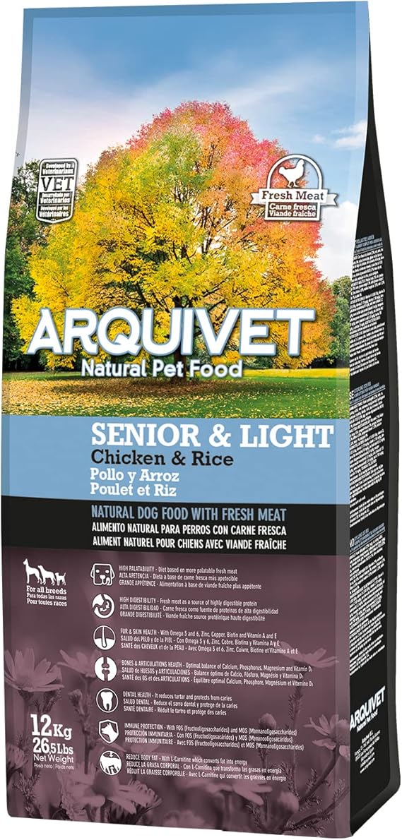 Arquivet Pienso Premium Senior Light Pollo y arroz 12 kg - Pienso Natural para Perros Mayores o con sobrepeso - a Partir de 7 años de Edad - Alimento seco