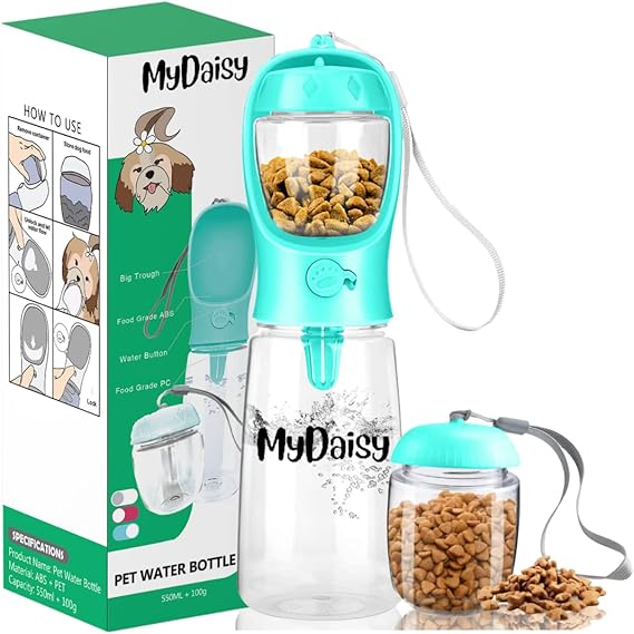 MYDAISY 550ml Bebedero Perro Portatil con Comedero Perro y envase de Comida de 100g Botella Agua Perro Apto también para Cachorros y Gatos Viajar Perros Accesorios