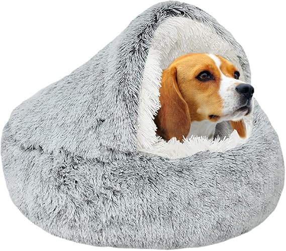 Cama de felpa calmante para gatos y perros en forma de dónut. Cojín cálido y suave con cómoda esponja, inferior antideslizante. Para mascotas pequeñas y medianas (65 cm, gris)