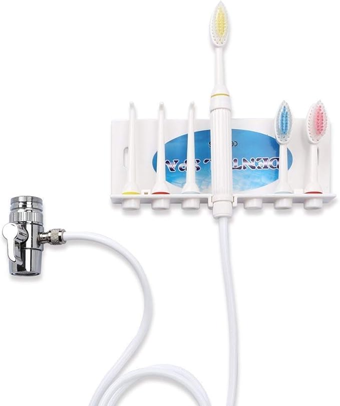 TangDao Irrigador dental no eléctrico para la higiene oral directamente al grifo incluye 3 boquillas y 3 cepillos de dientes fácil de instalar y quitar.