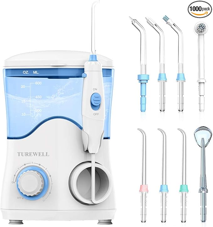 TUREWELL Irrigador Dental, cable electrico, blanco, Irrigador Bucal Professionale con 8 Boquillas Multifuncionales, Capacidad de 600ml, 10 Ajustes de Presión del agua, Limpieza Dientes