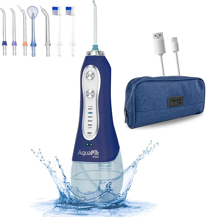 Aquapik One, Irrigador Dental y Nasal portátil. Incluye 8 Boquillas multifuncionales. 5 modos de Uso. Capacidad 300 ml. Batería recargable. Recomendado para toda la familia (Azul)