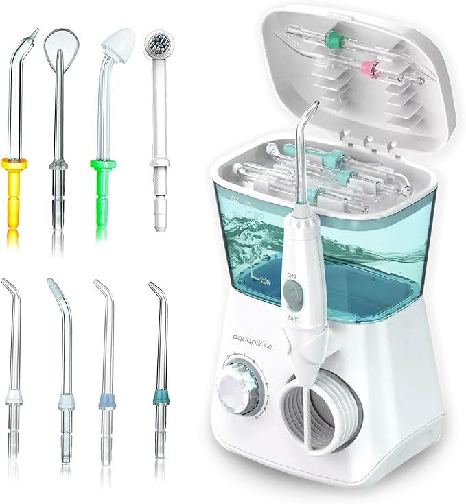 Aquapik 100, Irrigador Dental. 8 Boquillas multifuncionales. 10 Niveles de Potencia. Capacidad 600 ml. Recomendado por dentistas. Impermeable IPX7. Cuida tus Implantes y Ortodoncia. Irrigador Bucal