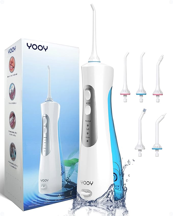 YOOY Irrigador Bucal Portatil Dental Profesional,con 5 Boquillas 3 Modos, Irrigador Dental IPX7 Impermeable Inalambrico USB Recargable, Electrico para casa y de viaje