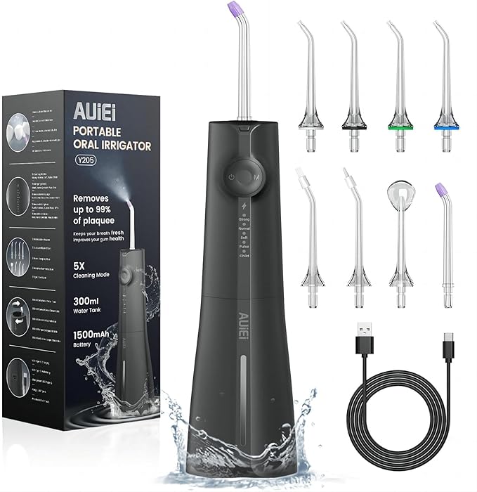 AUIEI Irrigador Dental, Irrigador Bucal Portatil Inalámbrico Profesional 8 Boquillas 5 Modos, USB Recargable Para Limpieza de Dientes, IPX7 Impermeable 300ML, Para Hogar y Viajes (Negro)