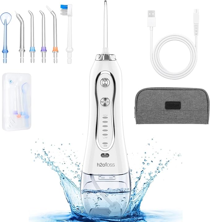 Irrigador Bucal Portatil, H2ofloss Irrigador Dental a Batería con 6 Boquillas 5 Modos, IPX7 Impermeable, 300ml Recargable Irrigador limpiador Dientes, para el hogar y los viajes