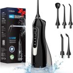 COSLUS Irrigador Bucal Portatil Flosser: 300ML Irrigador Dental Inalámbrico de Riego para Limpieza Dental Doble chorro de agua IPX7 Impermeable Limpieza Diente Para el Hogar baño y los Viajes Negro