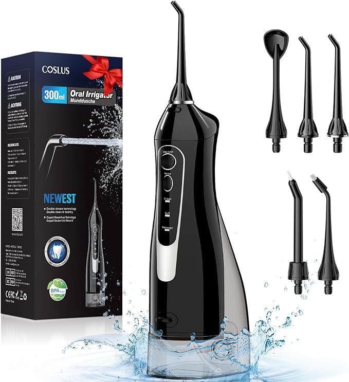 COSLUS Irrigador Bucal Portatil Flosser: 300ML Irrigador Dental Inalámbrico de Riego para Limpieza Dental Doble chorro de agua IPX7 Impermeable Limpieza Diente Para el Hogar baño y los Viajes Negro