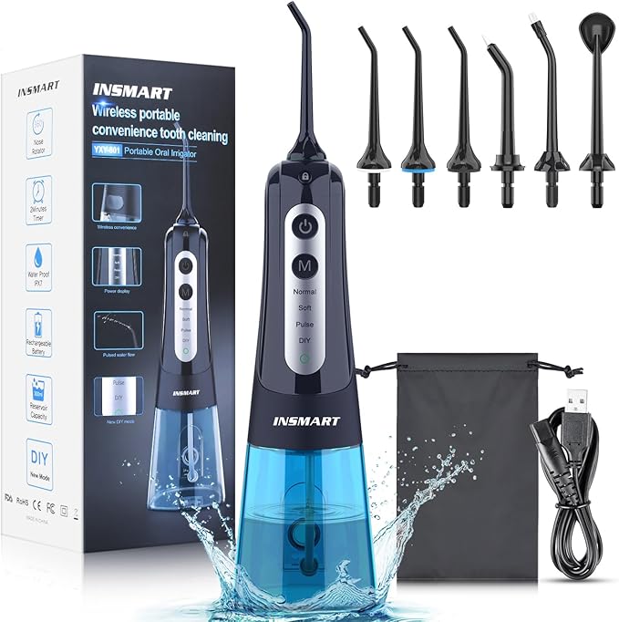 Irrigador Bucal Portatil, INSMART Irrigador Dental Inalámbrico Portatil Profesional 6 Boquillas 4 Modos, Para el Hogar y los Viajes, IPX7 Impermeable, 300ML USB Recargable Para Limpieza Dientes