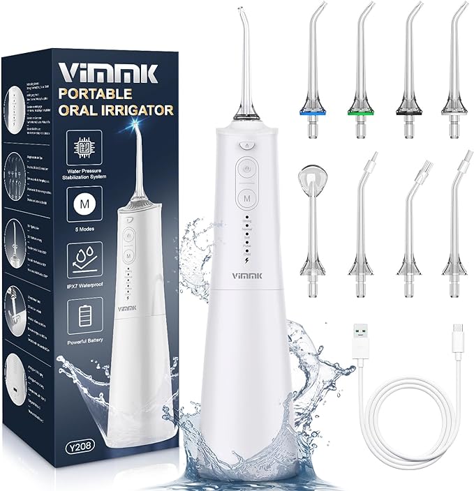 Irrigador Bucal Portatil, Vimmk Irrigador Dental Inalámbrico Profesional 8 Boquillas 5 Modos, IPX7 Impermeable 300ML USB-C Recargable Para Limpieza Dientes, Para el Hogar y los Viajes (Blanco)