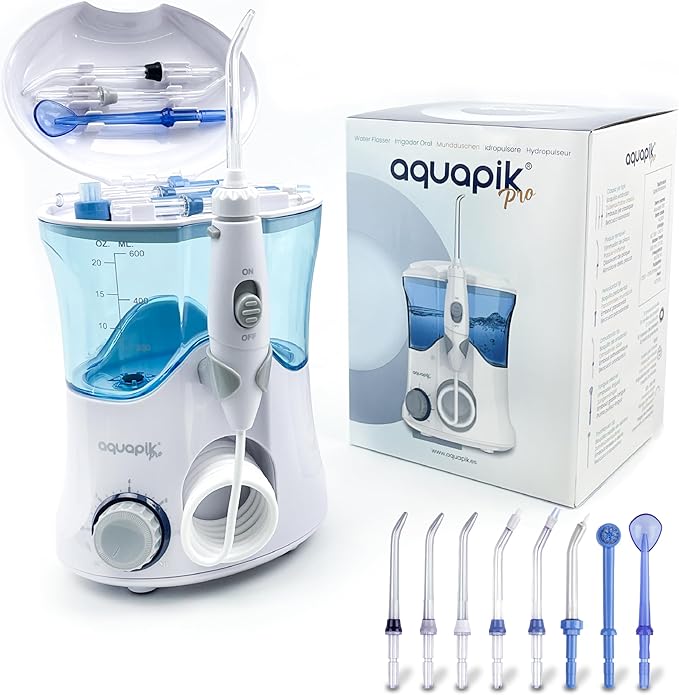 Aquapik PRO, Irrigador Dental Profesional. 8 Boquillas multifuncionales. 10 Niveles de Potencia. Capacidad 600 ml. Recomendado por dentistas. Cuida tus Implantes y Ortodoncia. Irrigador Bucal