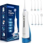 Irrigador Bucal Portatil Dental de Hangsun Inalámbrico USB Recargable con un Tanque de Agua 300ml y 8 Boquillas para Viajar y Uso Doméstico