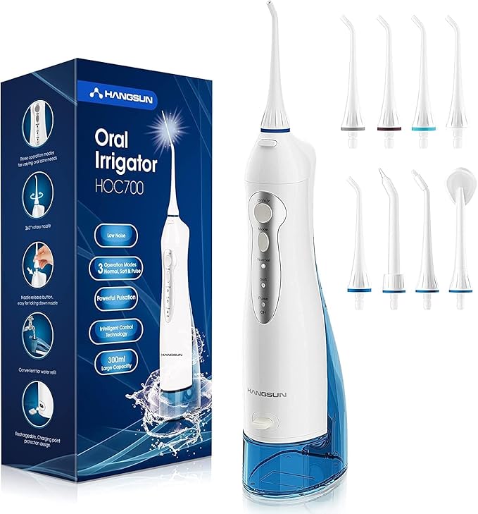 Irrigador Bucal Portatil Dental de Hangsun Inalámbrico USB Recargable con un Tanque de Agua 300ml y 8 Boquillas para Viajar y Uso Doméstico