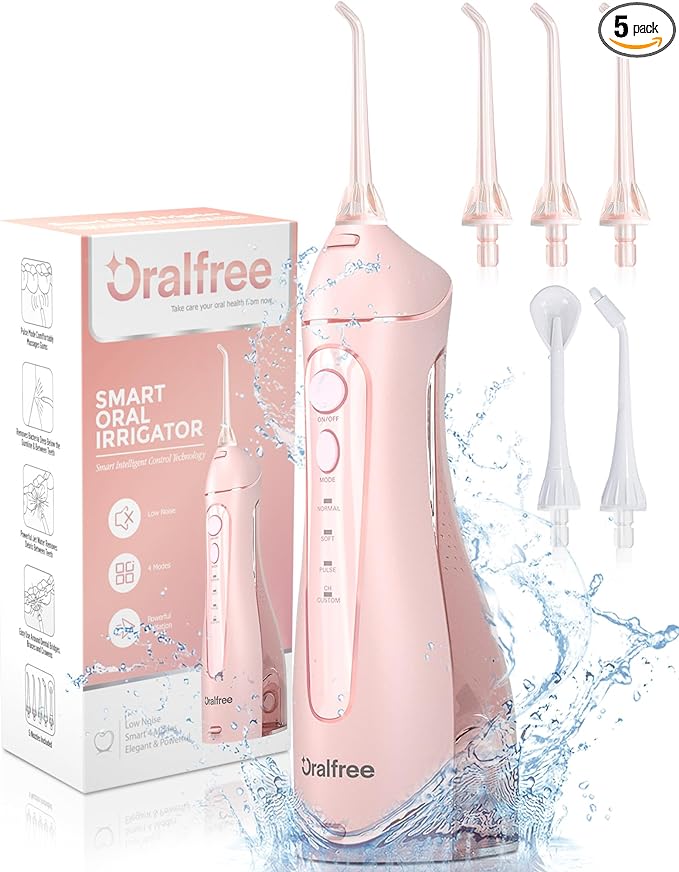 Irrigador Dental Portatil Profesional - Oralfree Irrigador Bucal Con 5 Boquillas 4 Modos, IPX7 Impermeable Irrigadores Bucales, Limpieza Dental Para Limpiar en Profundidad, Rosa