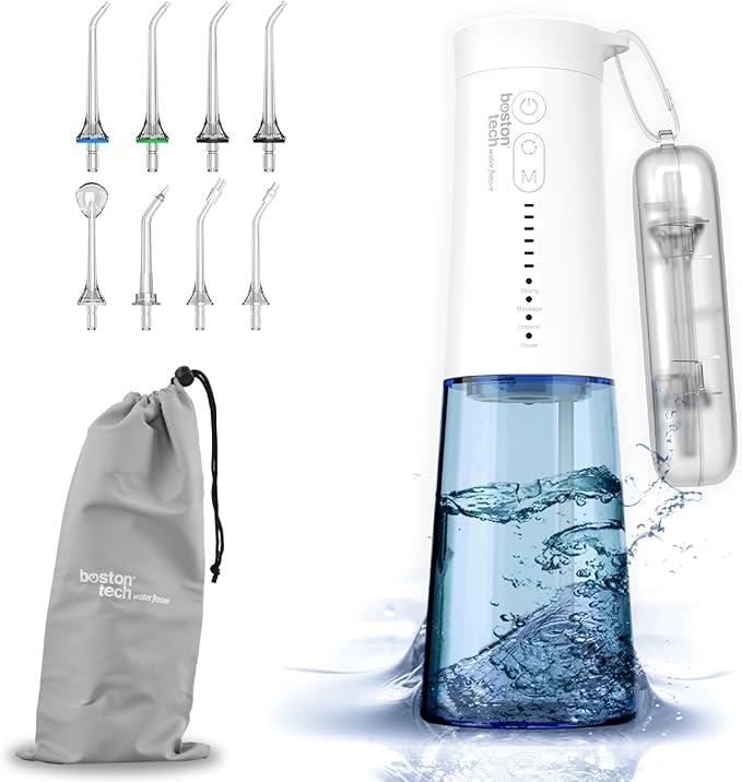 Ultracare One - Irrigador Dental profesional de la familia Aquapik. 4 Modos, 6 niveles de presión. 8 boquillas. Tanque de agua 250 ml. Recargable por USB. Bolsa de Viaje incluida. Irrigador Bucal